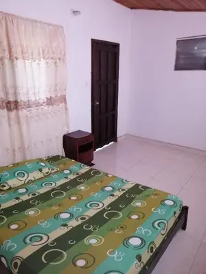 a bedroom with a bed with a green blanket and a door at Casa lowcost relajación in La Dorada