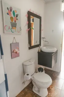 a bathroom with a toilet and a sink and a mirror at Cabaña Tierra Verde eje Cafetero in Manizales