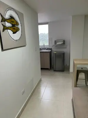 a room with a kitchen with a picture of a fish on the wall at Urban 102 in Manizales