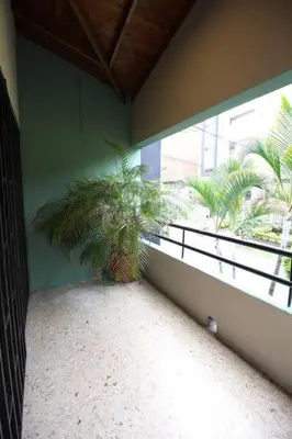 a room with a balcony with a palm tree at Apartamento cerca Unidad Deportiva Belén - ONE202 By Roots Rentals in Medellín