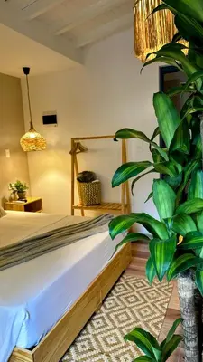 a bedroom with a bed and a potted plant at Poblado Luum Boutique hotel in Medellín