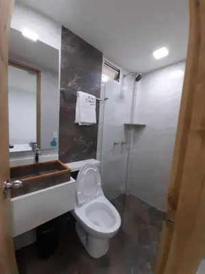 a bathroom with a toilet and a sink and a shower at Hotel Park Caribe in Medellín