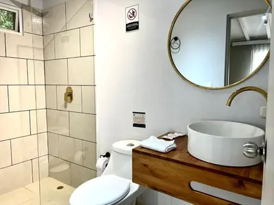 a bathroom with a sink and a toilet and a mirror at Luxury Villa In Aguacatala2 in Medellín