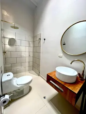 a bathroom with a toilet and a sink and a mirror at Luxury Villa In Aguacatala2 in Medellín