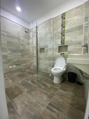 a bathroom with a toilet and a shower and a sink at APARTAMENTO DORADAL in Doradal
