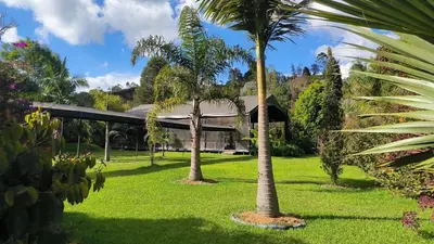 two palm trees in front of a building at CASA HOTEL FIBA MAGUEZA in Guarne