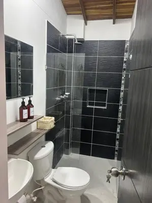 a bathroom with a toilet and a sink and a shower at Medellin Hermoso apartamento in Medellín