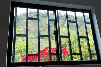 a window with a view of a field of flowers at Apartahotel La Gruta in Jericó