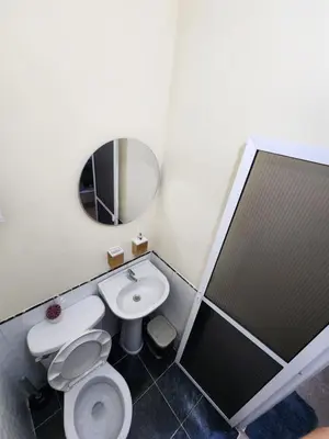 a bathroom with a toilet and a sink and a mirror at Alojamiento con Aire acondicionado - Shelter La Perla in San Luis