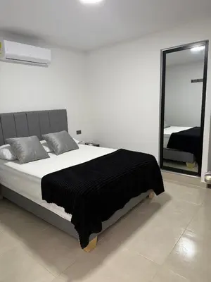 a bedroom with a large bed and a mirror at Hotel De León Estadio in Medellín