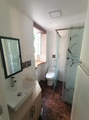a bathroom with a sink and a toilet and a shower at Estudio Duplex Vintage en el Centro para 4H Atelier in Medellín