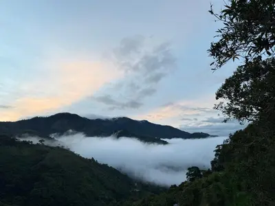 a view of a mountain with clouds in the valley at La Peña Cabins - Ebéjico in Ebéjico