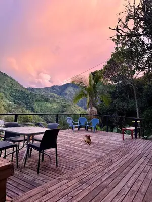 a dog laying on a wooden deck with chairs and tables at La Peña Cabins - Ebéjico in Ebéjico