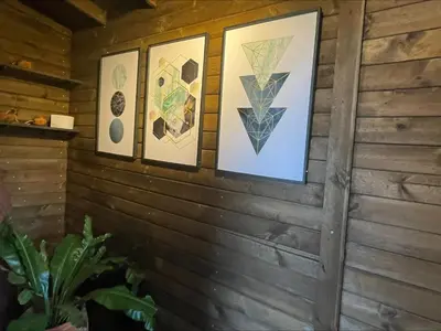 a wall with four framed art on it at Entre-pinos Glamping WiFi Vista 360º in Guarne