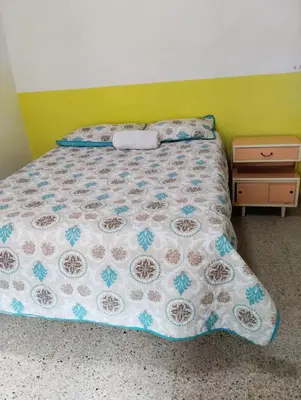 a bedroom with a bed and a night stand at Casa Mamá Chelita in Titiribí