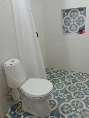 a bathroom with a toilet and a shower curtain at Hostal Famihotel Fundadores in Jardin
