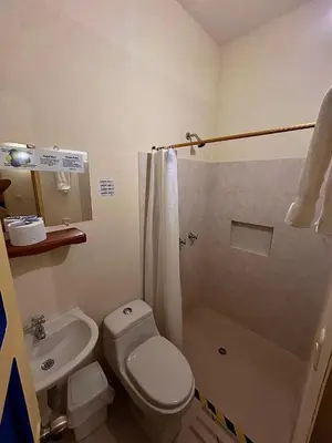 a bathroom with a toilet and a sink and a shower at Hotel Dorado Jardín in Jardin