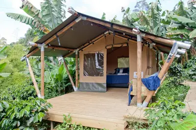 a small house with a deck in a garden at Glamping Jardín in Jardin