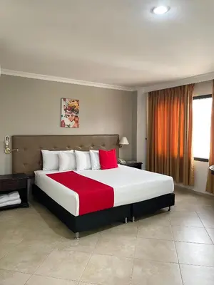 a bedroom with a large bed with a red blanket at Hotel Prince Plaza - Laureles Estadio in Medellín