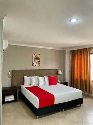 a bedroom with a large bed with a red blanket at Hotel Prince Plaza - Laureles Estadio in Medellín