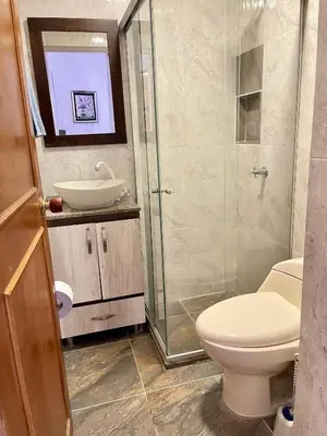 a bathroom with a toilet and a sink and a shower at Hermoso apartamento en zona central de Medellín in Medellín