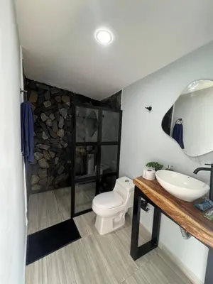 a bathroom with a toilet and a sink and a mirror at Cabaña en Sopetran con jacuzzi in Sopetran