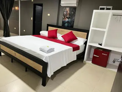 a bedroom with a large bed with red pillows at Hotel Entre Parques in La Dorada