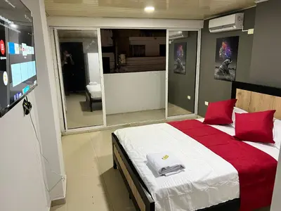 a bedroom with a large bed with red pillows and a tv at Hotel Entre Parques in La Dorada