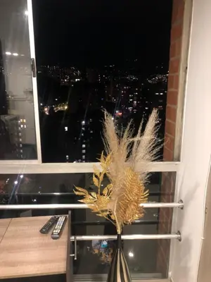 a vase with feathers in front of a window at 1009 Apartamento acogedor en el poblado Medellín in Medellín