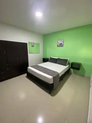 a bedroom with a bed and a green wall at 33 Hotel Bulerias in Medellín