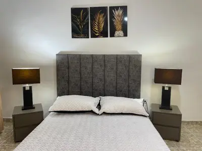 a bedroom with a large bed with two lamps at Medellin Tu hogar en la eterna primavera in Medellín