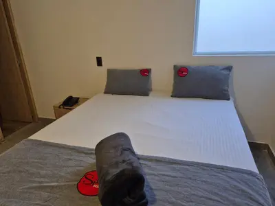 a bedroom with a large bed with two pillows at Hotel Spa Laureles in Medellín