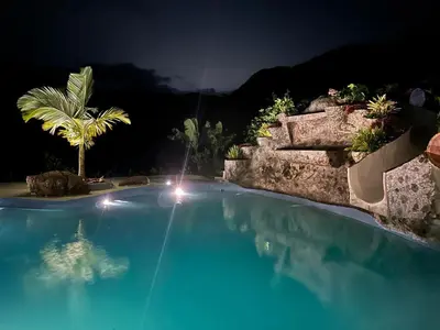 a large swimming pool at night with a palm tree at Eco Hotel Samaria , Aguas y Bosques in San Rafael
