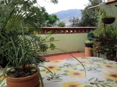 a patio with a table and plants on a balcony at Apartamento-Galería de arte Cielo y Tierra in Medellín