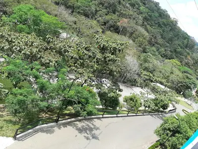 an aerial view of a road with trees and a mountain at Hakuna Matata in San Jerónimo