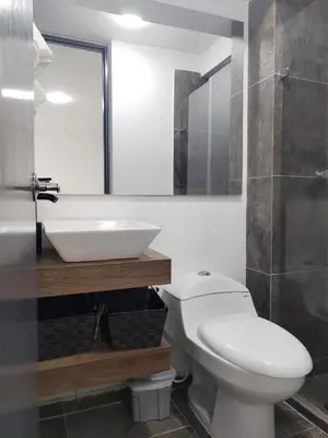 a bathroom with a white toilet and a sink at Semi-loft Manizales Colombia in Manizales