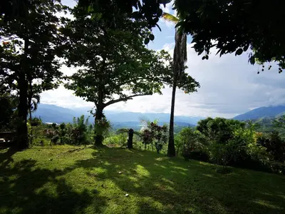 a green field with trees and mountains in the background at Finca con forma de castillo y piscina en Sopetrán in Sopetran