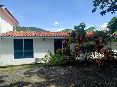 a house with a flowering bush in front of it at Piscina-jacuzzi-calma-comodidad-Villa Old Havana in Santa Fe de Antioquia