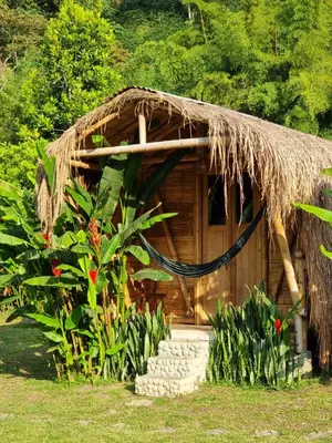 a small hut with a thatched roof and a staircase at Pradera Ecoliving in Betania
