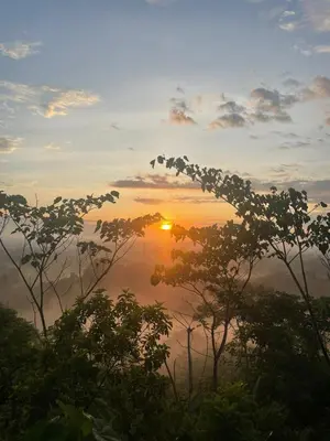 a view of a sunrise from a field with trees at Cabaña Campestre con Piscina en la Hacienda Nápoles in Doradal