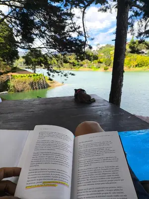 a person reading a book in front of a lake at Refugio del Lago in Guatapé