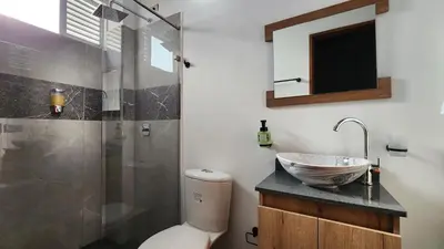 a bathroom with a toilet and a sink and a shower at OCASSO JARDIN APARTAMENTO GALLITO DE ROCA in Jardin
