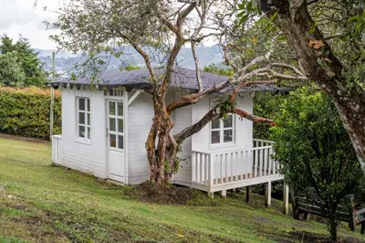 a white house with a porch and a tree at Finca Villa Isanella, Santuario, Antioquia in Santuario