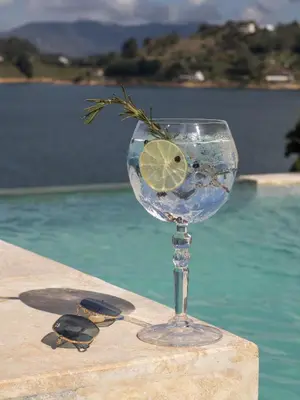a glass of water with a slice of lime in it at Vivanti Resort in Guatapé