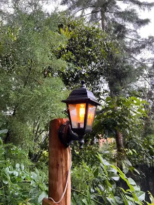a street light on a wooden pole with trees at Glamping Colibrí, bosque vecino y vista a la montaña al mismo tiempo in Jardin