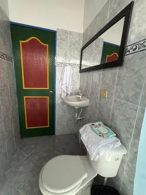 a bathroom with a white toilet and a sink at La Escondida, con acceso al lago in Guatapé