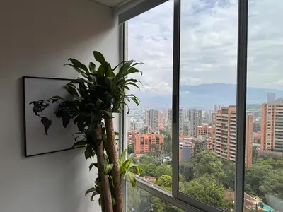 a potted plant in a room with a window at Espectacular apt moderno en el poblado by Hoost in Medellín