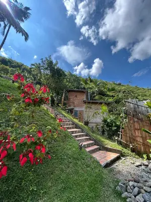 a set of steps leading up to a house with red flowers at Apartamento campestre para pareja en Manizales in Manizales