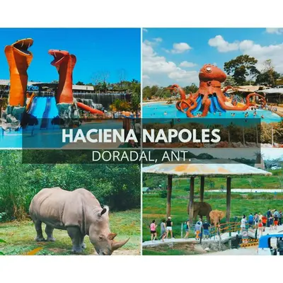 a collage of photos with a hippo and a water park at Posada Campestre en Doradal in Puerto Triunfo