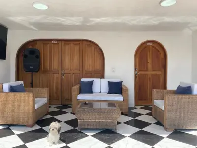 a living room with two chairs and a dog sitting on the floor at La torrecita in Barbosa